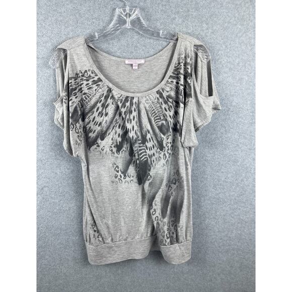 Romeo & Juliet Shirt Womens L Gray Feather Graphic Round Neck Short Sleeve Top - Picture 1 of 8